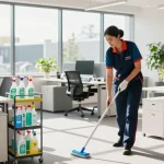 Professional cleaner at a modern office space showcasing a schoonmaakbedrijf den haag service.