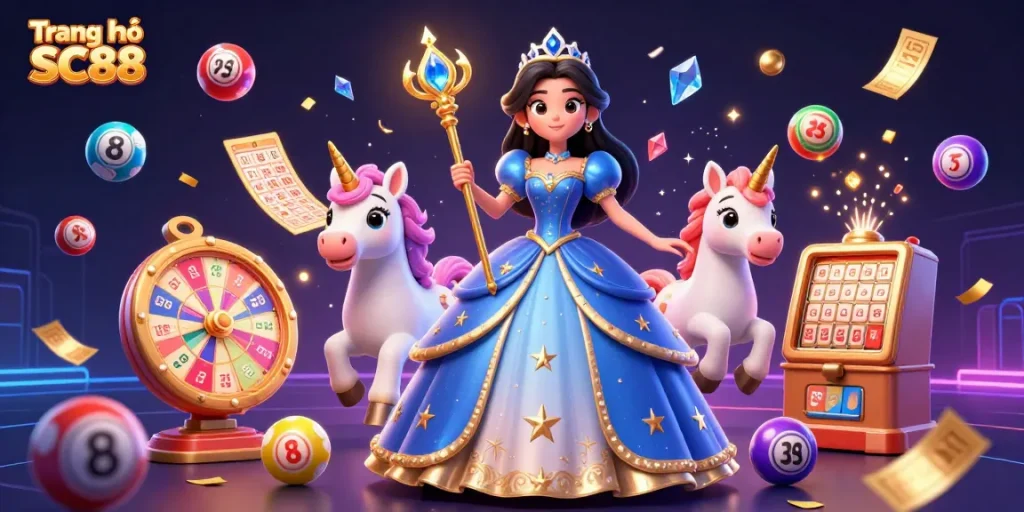 Experience the thrill of Trang chủ SC88 with this vibrant illustration featuring magical elements and casino games.