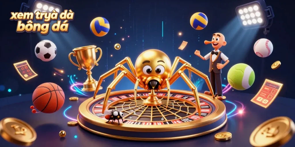 Engage in xem trực tiếp bóng đá with a dynamic scene of a fly betting at a roulette wheel web, helmed by a centipede croupier.