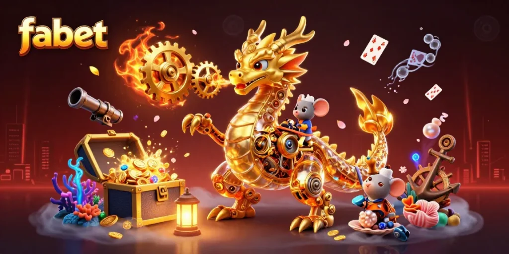 Experience the excitement of fabet with a golden dragon breathing gears, surrounded by treasures and gaming elements.