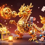 Experience the excitement of fabet with a golden dragon breathing gears, surrounded by treasures and gaming elements.