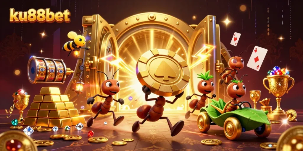 ku88bet promotes excitement with a 3D cartoon heist scene capturing thrilling casino elements.