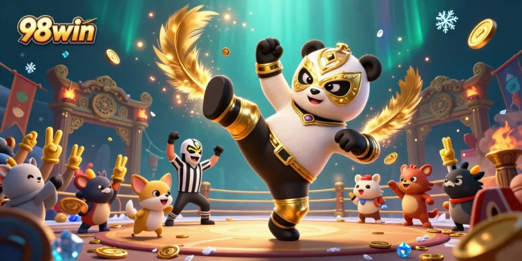 Experience thrilling gameplay at 98win with a vibrant casino scene featuring a panda wrestler and cheering spectators.