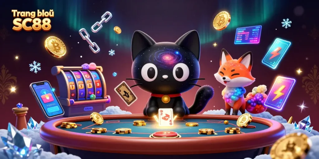 Experience winning at Trang chủ SC88 with this vibrant cosmic casino illustration featuring interactive gaming characters.