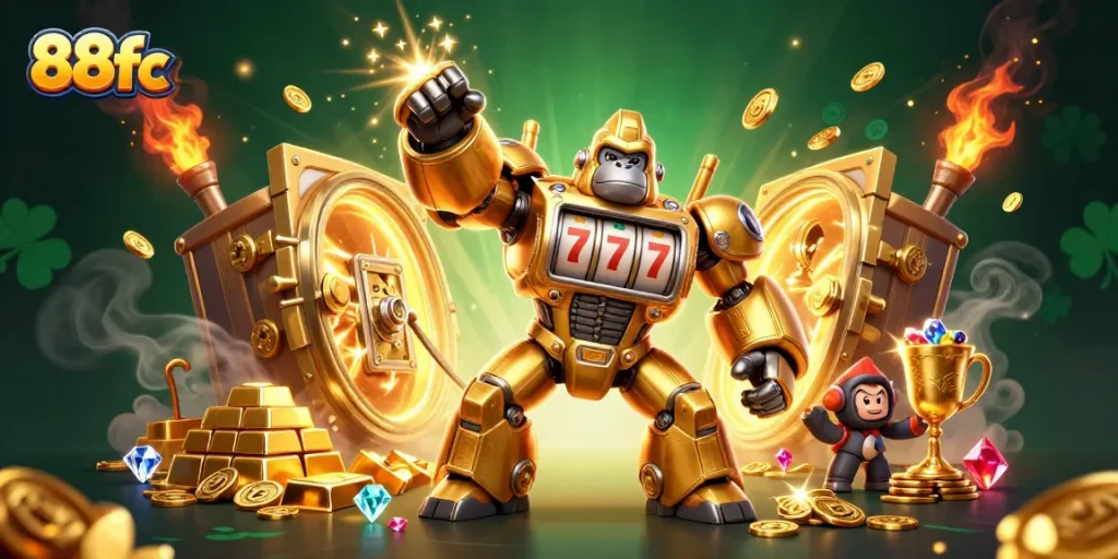 Venture into the exciting world of gaming with 88fc, featuring a dynamic golden gorilla mech and dazzling slot elements.