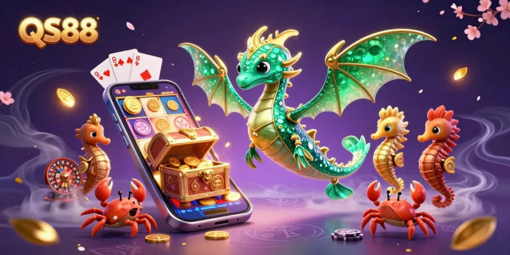 Engage with QS88 through an immersive treasure-filled casino adventure illustrated by 3D characters and vibrant gaming elements.