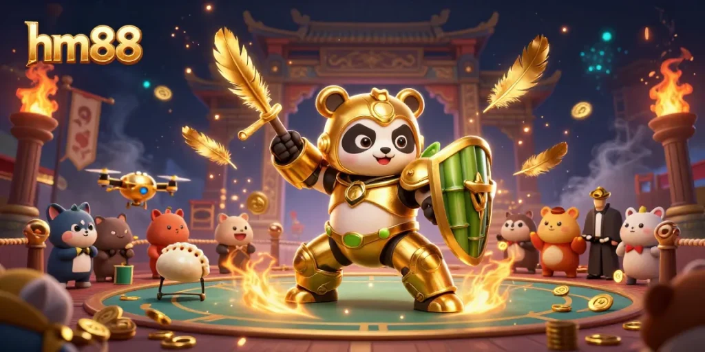 hm88 gaming arena featuring a mech-suit panda in a vibrant, action-packed scene with golden elements