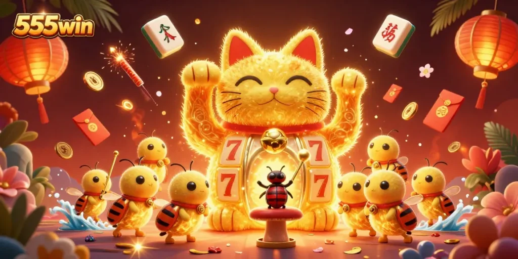 Experience thrilling gaming with 555win's captivating 3D illustration showcasing a lucky cat and casino symbols.