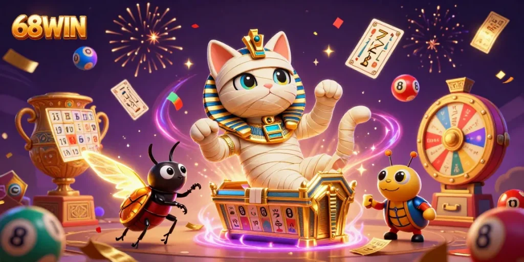 Experience thrilling gameplay at 68WIN with a dazzling casino scene featuring unique characters and vibrant game elements.
