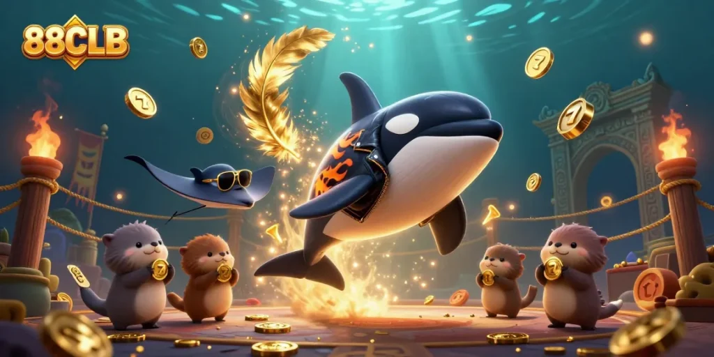 Experience thrilling wins at 88CLB with cartoon sea creatures celebrating by the slot reels.