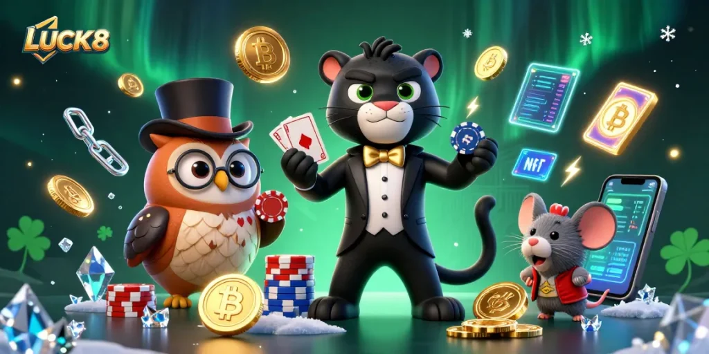 Experience the thrill at LUCK8 with a colorful 3D scene featuring gaming characters and crypto elements.