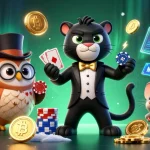 Experience the thrill at LUCK8 with a colorful 3D scene featuring gaming characters and crypto elements.