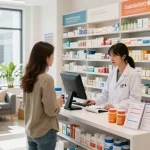 Unique Pharma Shop met apotheker die klant helpt in een moderne winkel met gezondheidsproducten.