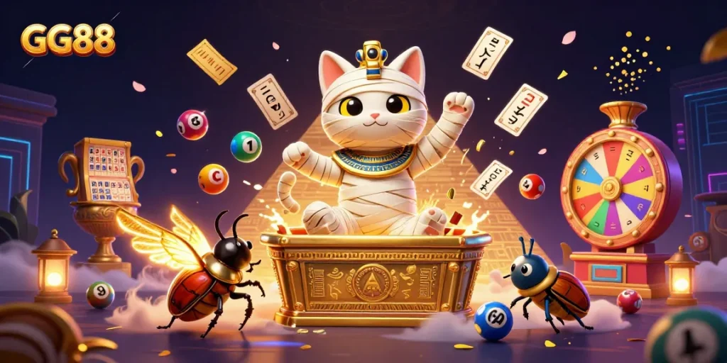 Experience the excitement of GG88 with a vibrant casino scene featuring an Egyptian mummy cat and scarab.