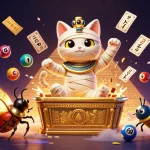 Experience the excitement of GG88 with a vibrant casino scene featuring an Egyptian mummy cat and scarab.