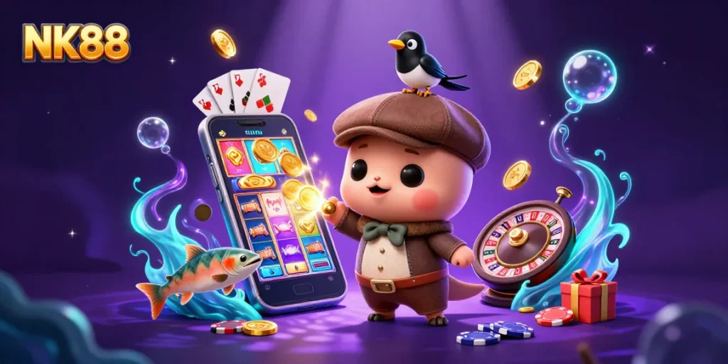 Engage with NK88’s vibrant casino world, featuring playful characters and dynamic gaming elements.