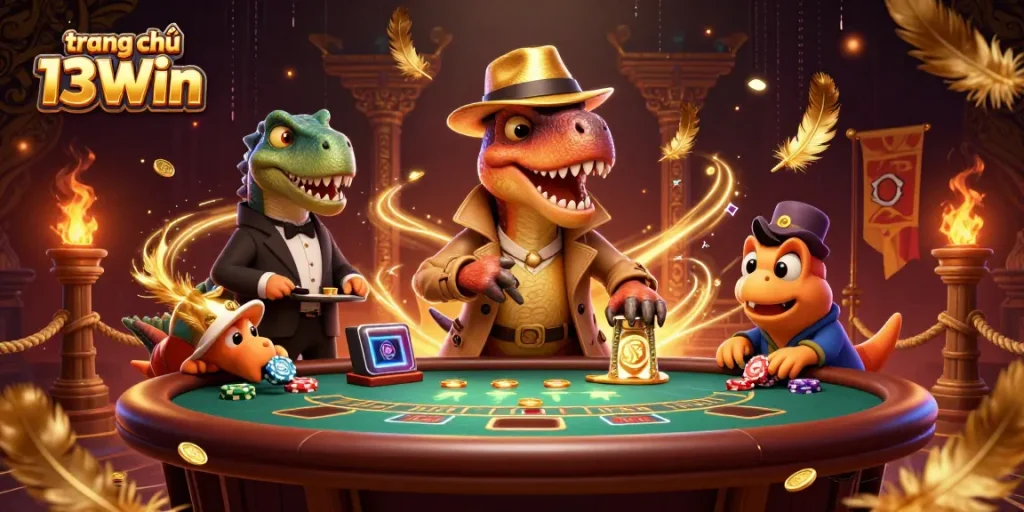 Engage with the amazing scene at trang chủ 13Win, where a velociraptor card counter plays blackjack under the watchful eye of a stegosaurus pit boss.