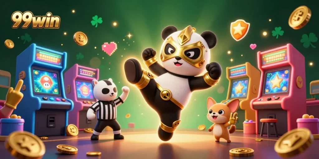 Engage in thrilling gaming adventures at 99win with colorful arcade machines and animated scenes.