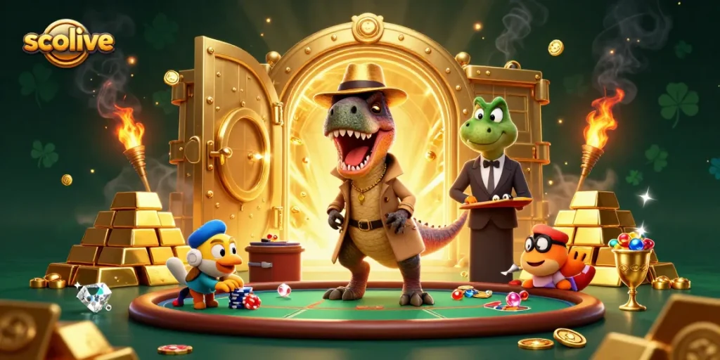 Socolive enhances gaming excitement with a cartoon velociraptor and stegosaurus at a blackjack table.
