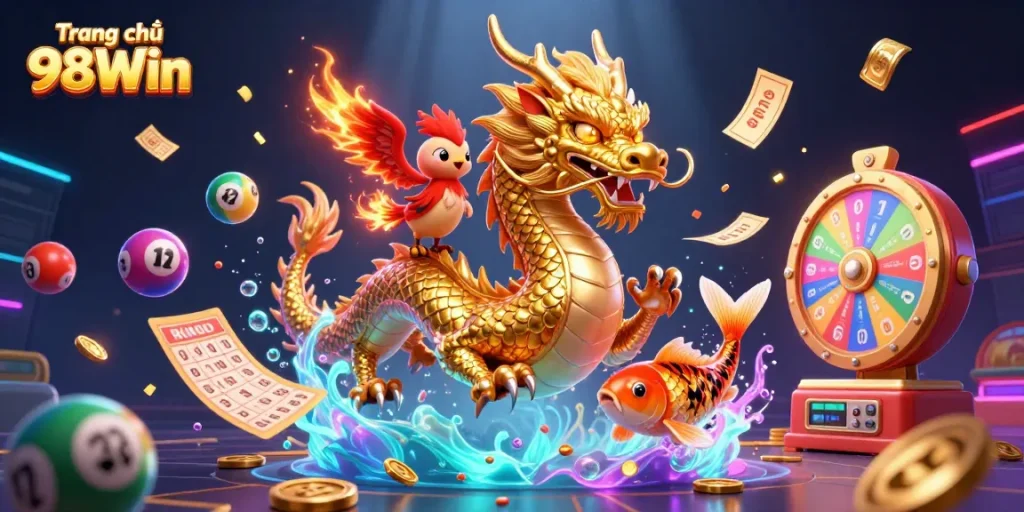 Experience the excitement at Trang chủ 98Win, where golden dragon and phoenix depict thrilling casino adventures.