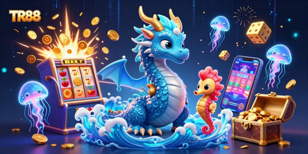 Experience the excitement of TR88 with vibrant casino elements and mythical creatures in dynamic action.