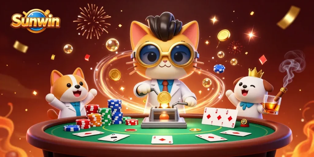 Engage with thrilling gameplay at Sunwin Casino featuring a lively gaming scene with chips, cards, and casino elements.