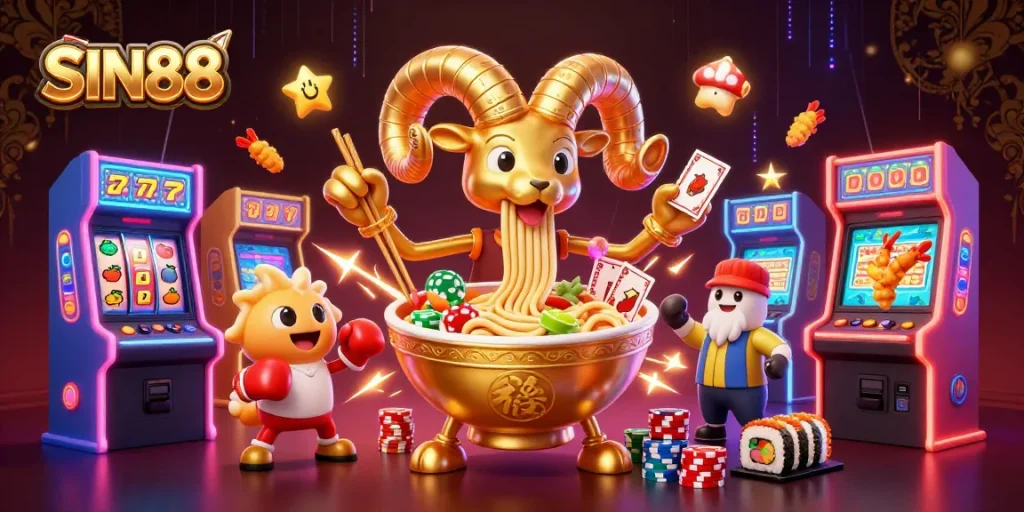 Engage with SIN88 in an exciting 3D casino scene with vibrant game elements and unique characters.