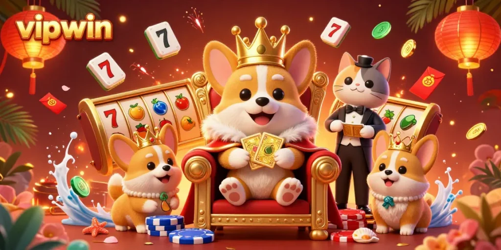 Watch vipwin's royal corgi command the casino with vibrant slot reels and dazzling luck symbols.