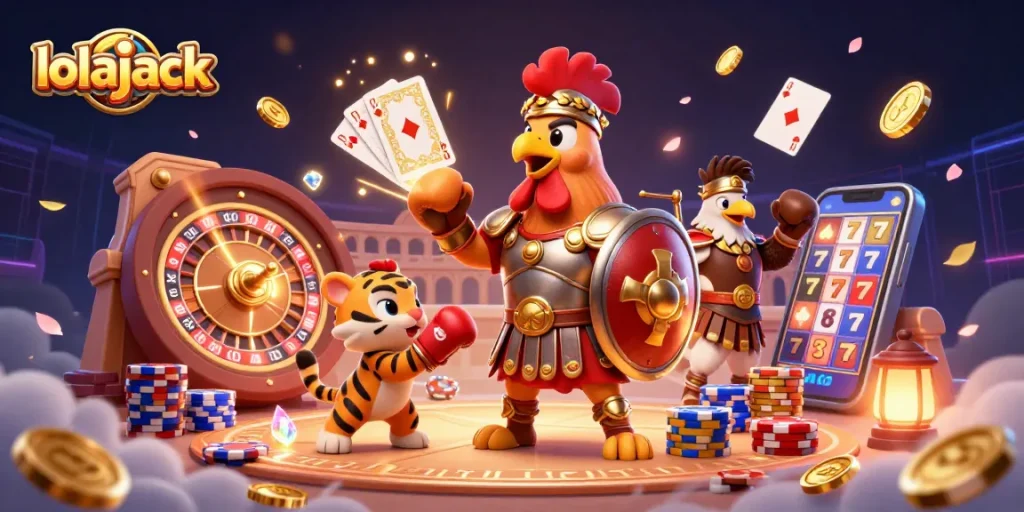 Experience the thrill of lolajack with a lively 3D gladiator rooster amidst spinning roulette and flying coins.