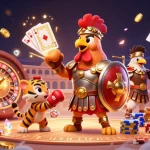 Experience the thrill of lolajack with a lively 3D gladiator rooster amidst spinning roulette and flying coins.