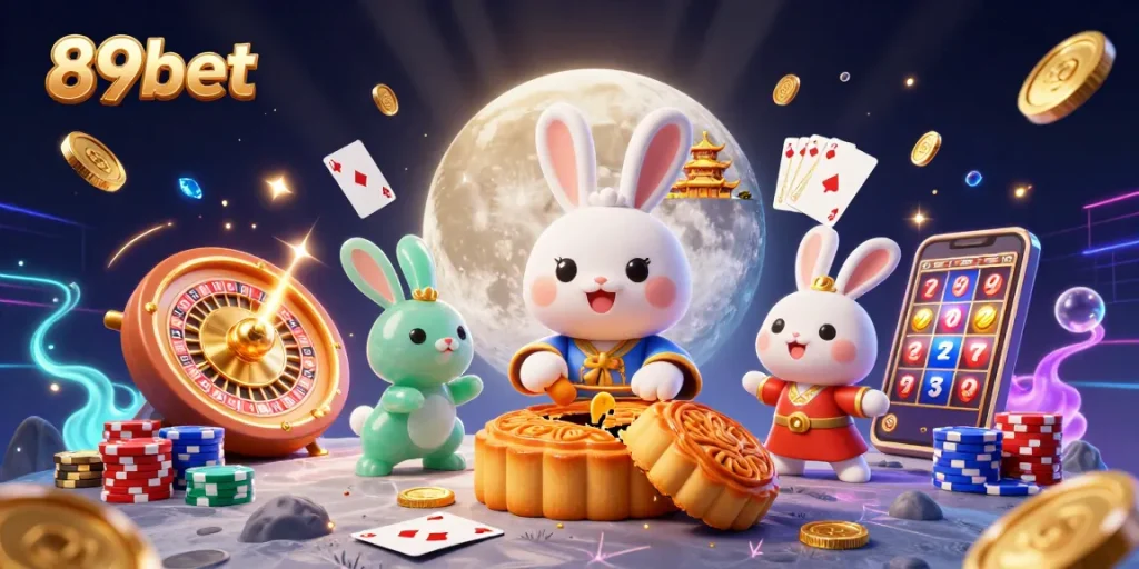 Enjoy the thrilling experience at 89bet with a cartoon moon rabbit amidst a vibrant casino scene.