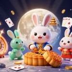 Enjoy the thrilling experience at 89bet with a cartoon moon rabbit amidst a vibrant casino scene.