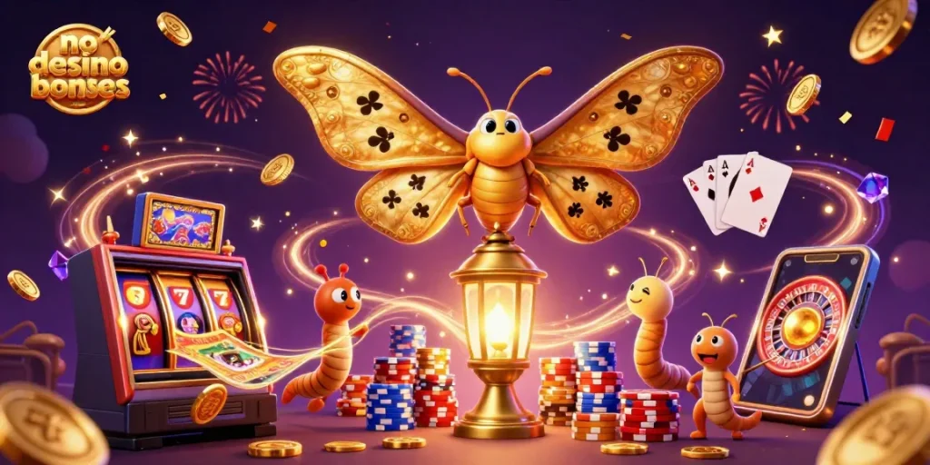 No deposit casino bonuses showcased in a vibrant and detailed digital illustration featuring an atlas moth and casino elements.