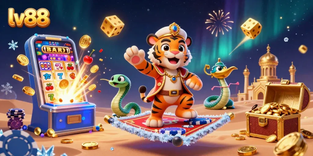Experience big wins with lv88 in a vibrant casino realm featuring a tiger sultan and jackpot bursts.