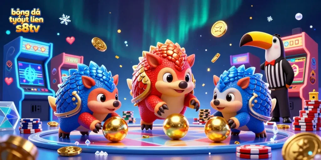 bóng đá trực tuyến s8tv engages viewers in a dynamic casino scene featuring cartoon pangolins competing with poker chips.