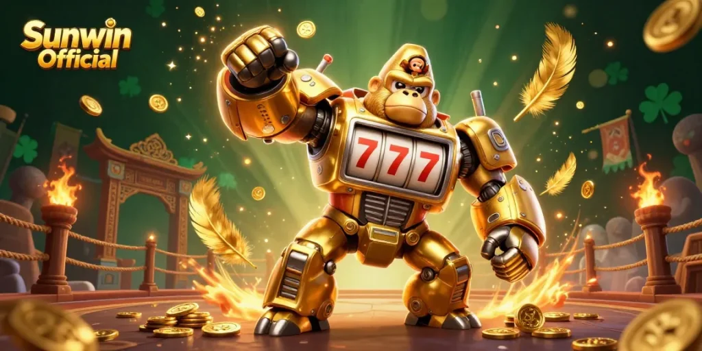 Experience thrilling gameplay with Sunwin Official's vibrant 3D illustration showcasing a golden gorilla mech.