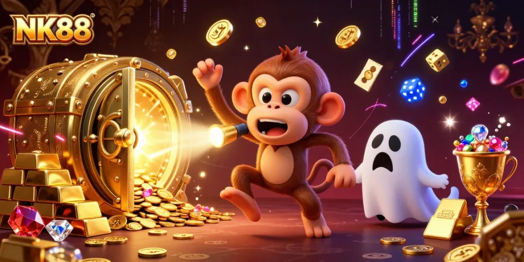 Engage with thrilling casino excitement at NK88 featuring a mischievous ghostly monkey in action.