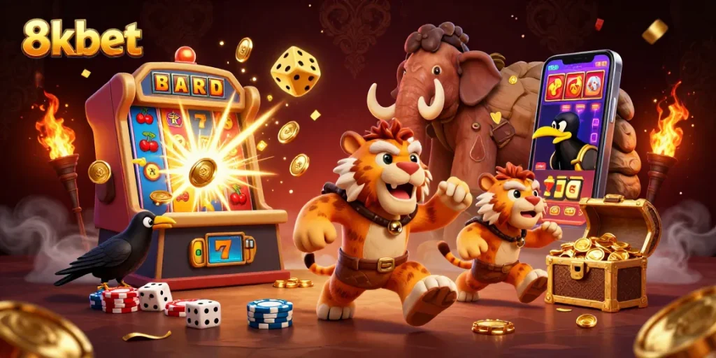 Experience thrilling moments at 8kbet with a dynamic casino scene featuring cavemen, slot machines, and gold treasures.