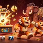 Experience thrilling moments at 8kbet with a dynamic casino scene featuring cavemen, slot machines, and gold treasures.