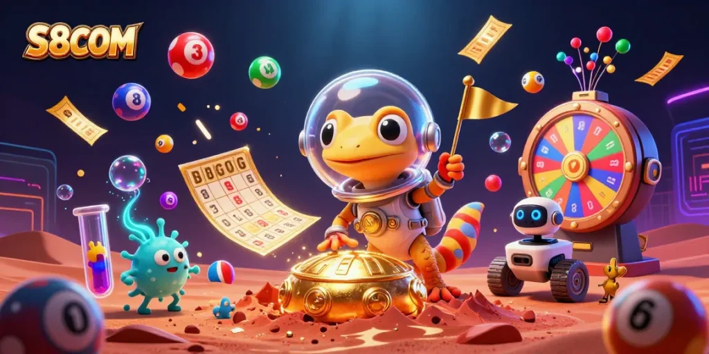 S8COM showcases a vibrant 3D casino scene with a Martian gecko and dynamic gambling elements.