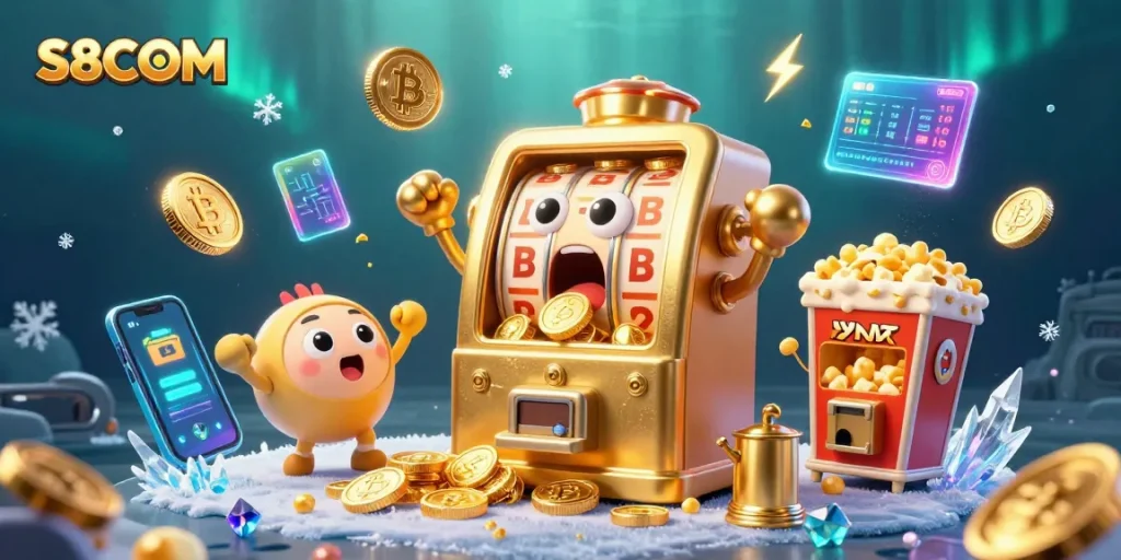 S8COM slot machine hits a jackpot while cheering smaller machines celebrate, illustrating gold coin rewards.