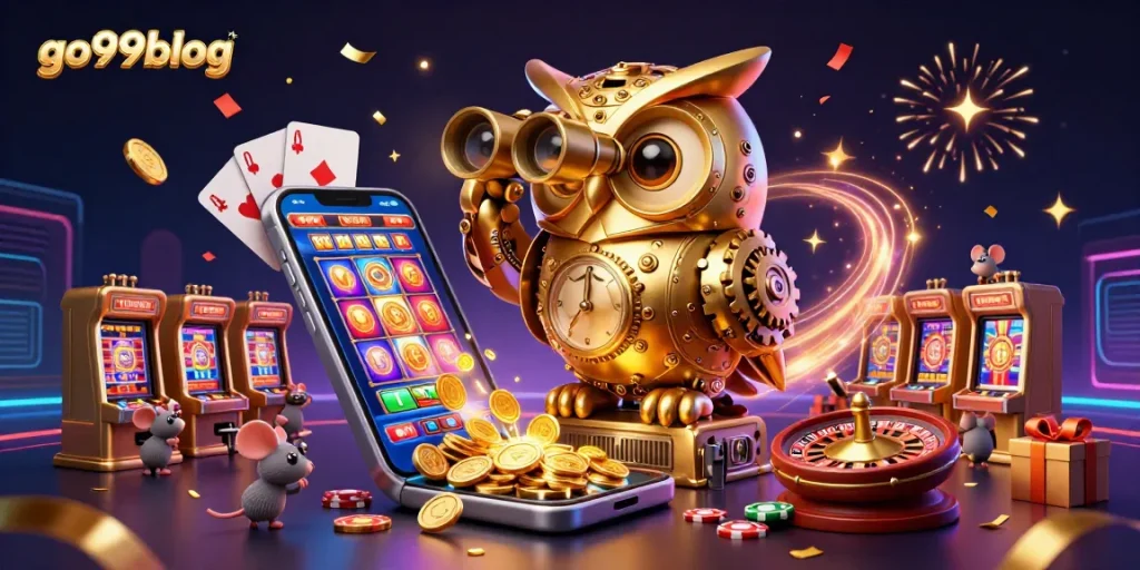 Spin winning reels at go99blog's vibrant casino, featuring a golden owl and dynamic gaming elements.