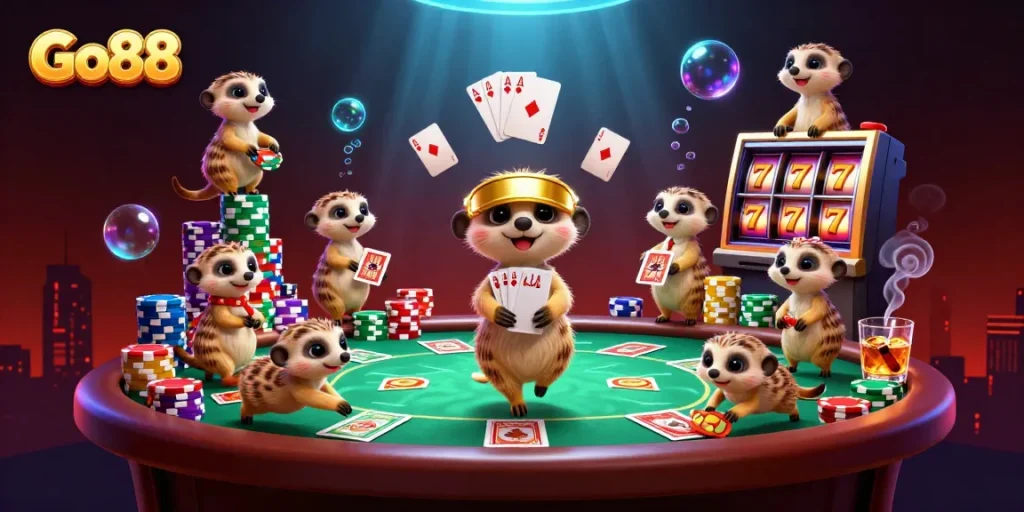 Experience Go88's vibrant casino through a playful meerkat illustration featuring poker action and rich gaming elements.