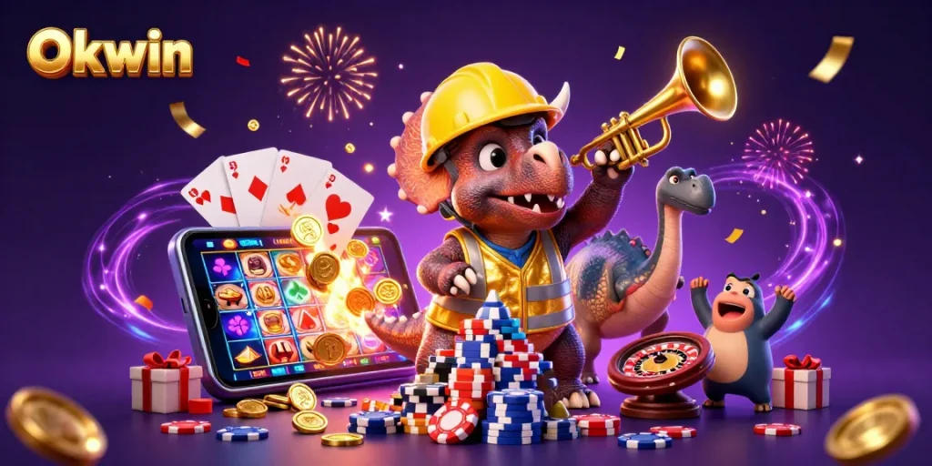 Okwin captures excitement as a triceratops builds a poker chip pyramid while celebrating with friends.