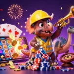 Okwin captures excitement as a triceratops builds a poker chip pyramid while celebrating with friends.