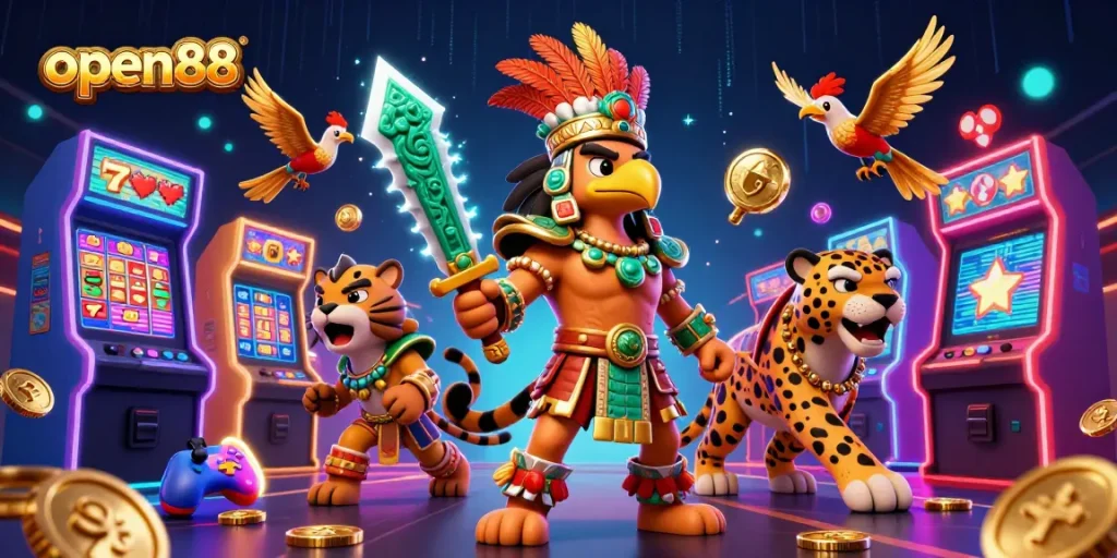 Experience thrilling gameplay at open88 as Aztec warriors dominate a vibrant casino scene filled with jackpots.