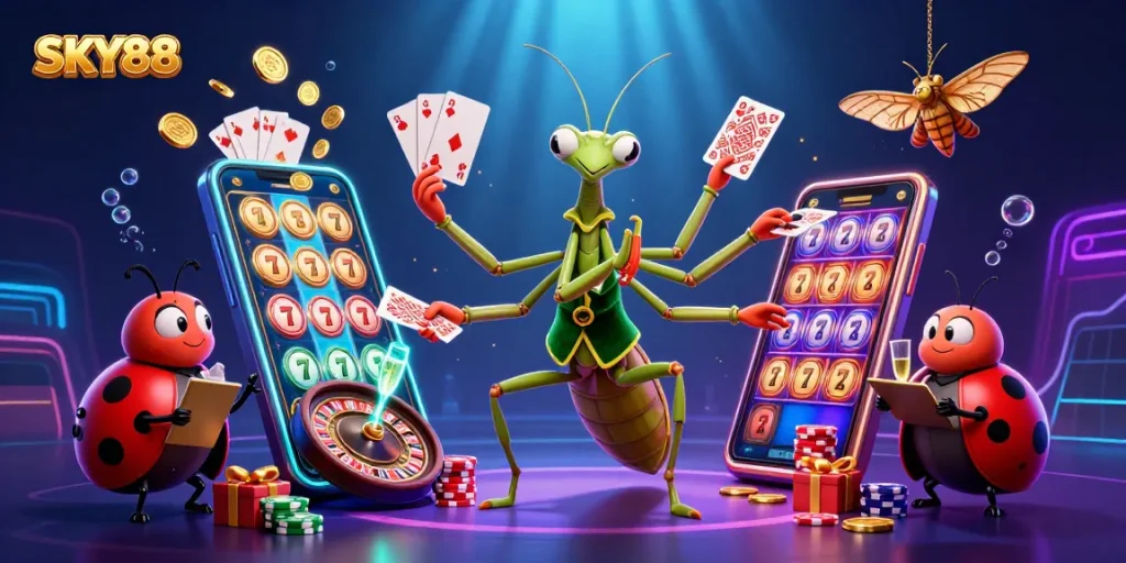 Engage with SKY88: A dynamic casino scene featuring a mantis card sharp and ladybug pit boss.