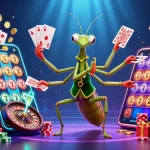 Engage with SKY88: A dynamic casino scene featuring a mantis card sharp and ladybug pit boss.