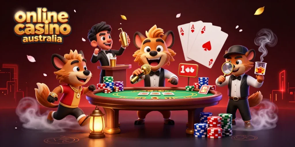 Join the fun at this vibrant online casino australia scene with animated hyenas in action.