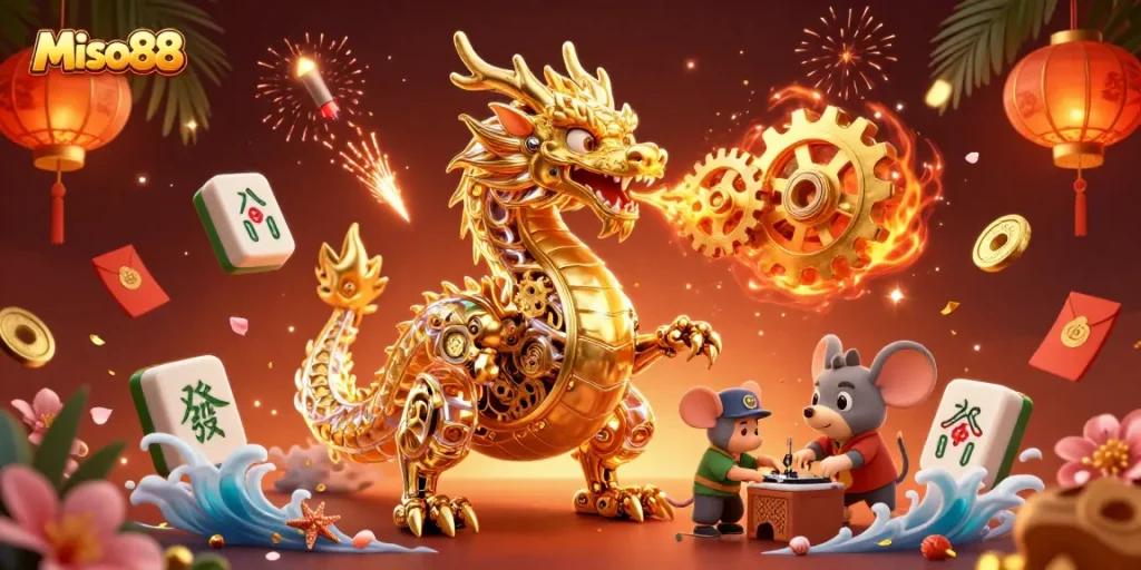 Miso88 dragon breathing golden gears while creating exciting casino energy with dynamic game elements.
